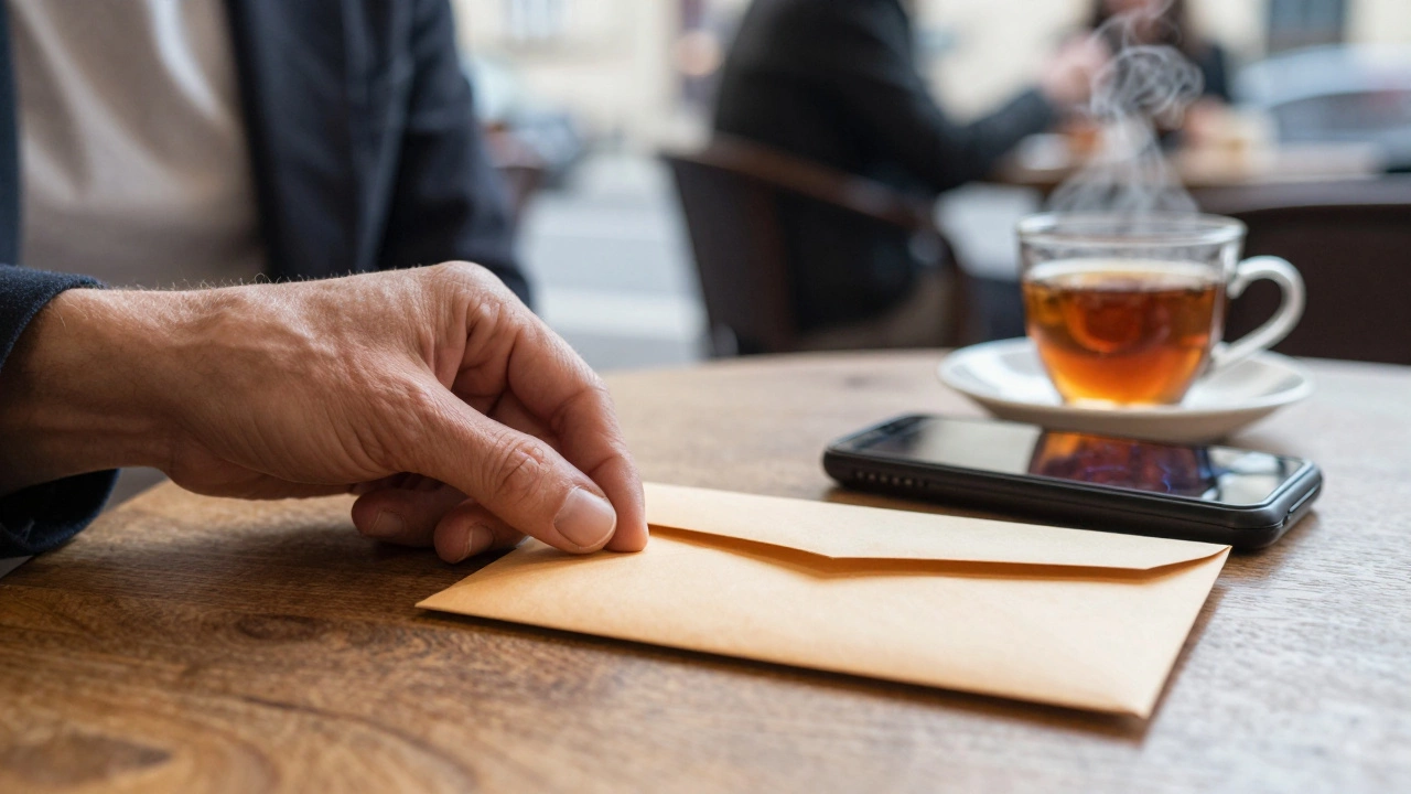 A sealed envelope and burner phone on a café table, no names or faces, only quiet discretion.