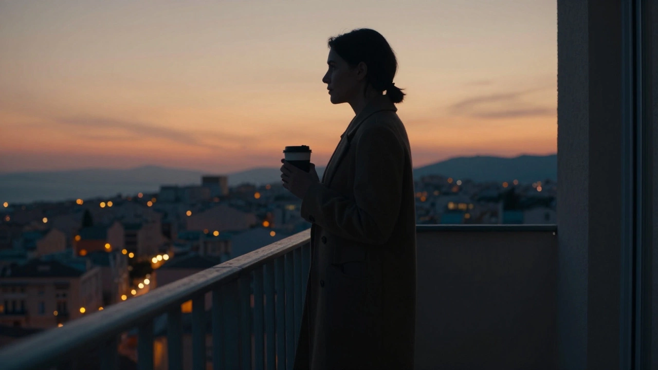 A woman silhouetted on a Marseille balcony at dusk, city lights glowing behind her in solitude.